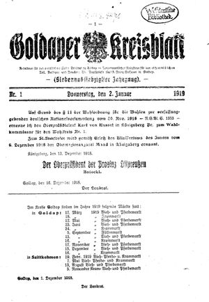 Goldaper Kreisblatt vom 02.01.1919