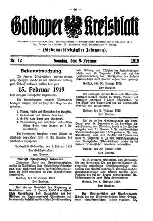 Goldaper Kreisblatt vom 09.02.1919