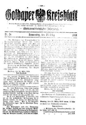 Goldaper Kreisblatt vom 27.03.1919
