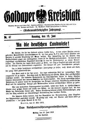 Goldaper Kreisblatt vom 15.06.1919