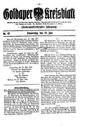 Goldaper Kreisblatt vom 19.06.1919
