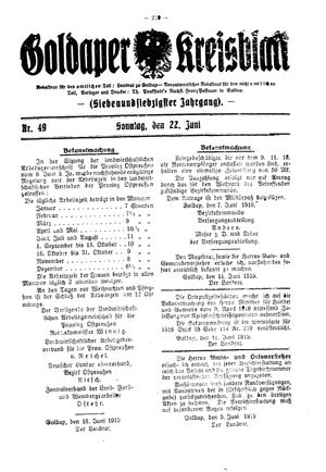 Goldaper Kreisblatt vom 22.06.1919