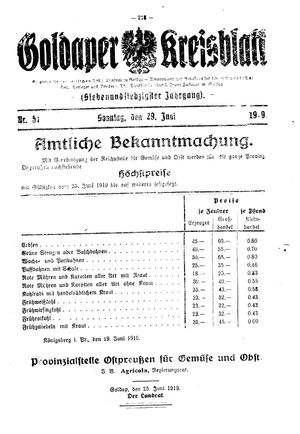 Goldaper Kreisblatt vom 29.06.1919