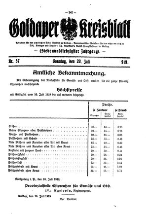 Goldaper Kreisblatt vom 20.07.1919