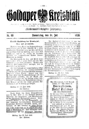 Goldaper Kreisblatt vom 31.07.1919