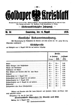 Goldaper Kreisblatt vom 14.08.1919