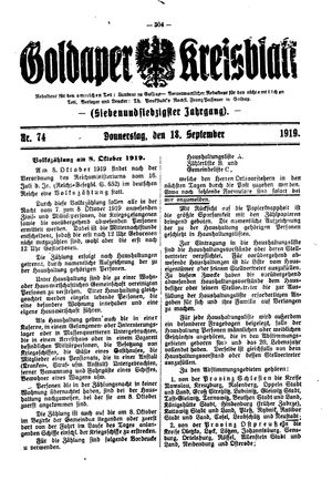 Goldaper Kreisblatt vom 18.09.1919