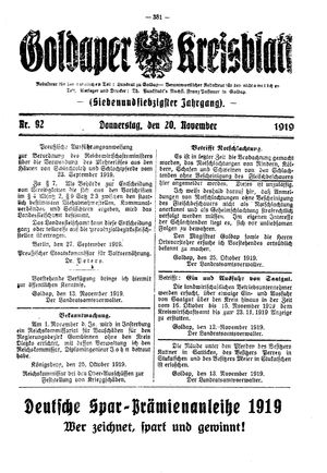 Goldaper Kreisblatt vom 20.11.1919