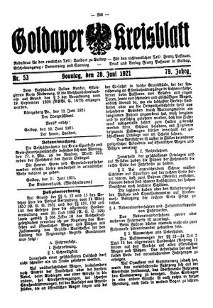 Goldaper Kreisblatt vom 26.06.1921