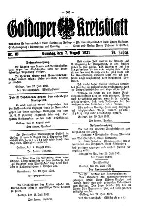Goldaper Kreisblatt vom 07.08.1921