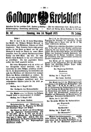 Goldaper Kreisblatt vom 14.08.1921