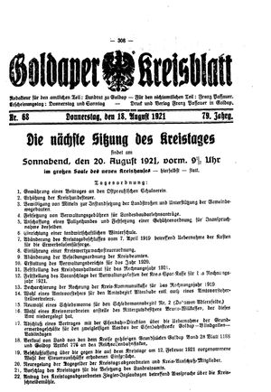 Goldaper Kreisblatt vom 18.08.1921