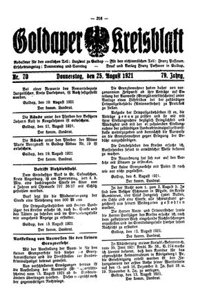 Goldaper Kreisblatt vom 25.08.1921