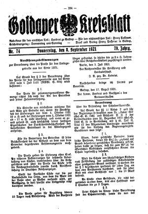 Goldaper Kreisblatt vom 08.09.1921