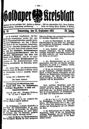 Goldaper Kreisblatt vom 15.09.1921
