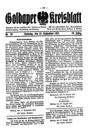 Goldaper Kreisblatt vom 18.09.1921