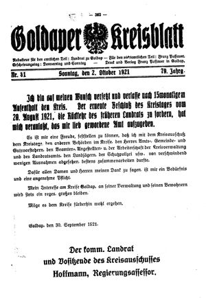 Goldaper Kreisblatt on Oct 2, 1921