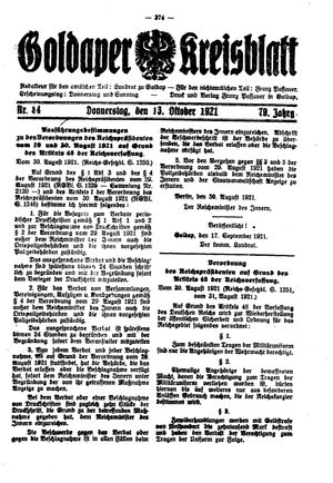 Goldaper Kreisblatt vom 13.10.1921