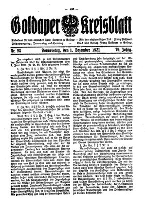 Goldaper Kreisblatt vom 01.12.1921