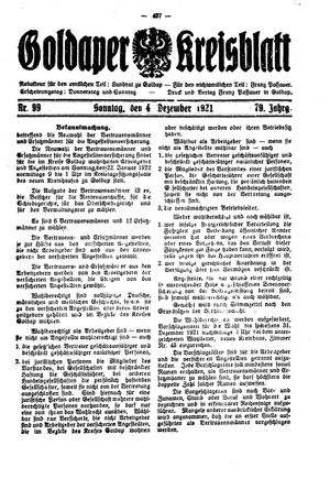 Goldaper Kreisblatt vom 04.12.1921