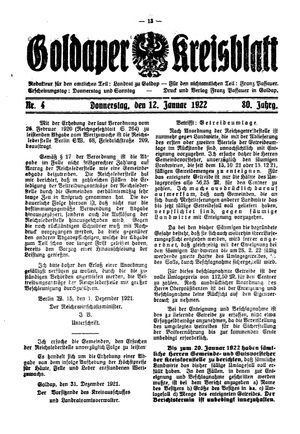 Goldaper Kreisblatt on Jan 12, 1922