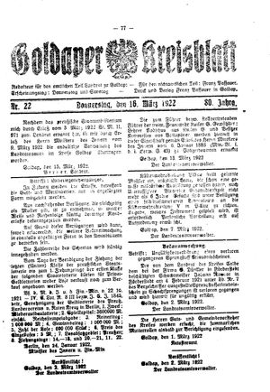 Goldaper Kreisblatt vom 16.03.1922