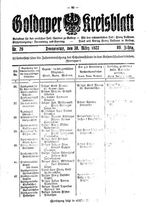 Goldaper Kreisblatt vom 30.03.1922