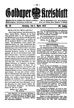 Goldaper Kreisblatt vom 09.04.1922