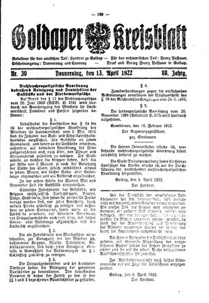 Goldaper Kreisblatt vom 13.04.1922