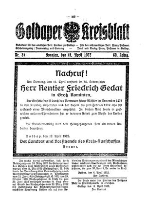 Goldaper Kreisblatt vom 16.04.1922