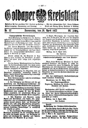 Goldaper Kreisblatt vom 20.04.1922