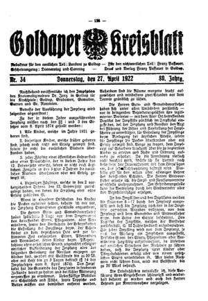 Goldaper Kreisblatt vom 27.04.1922