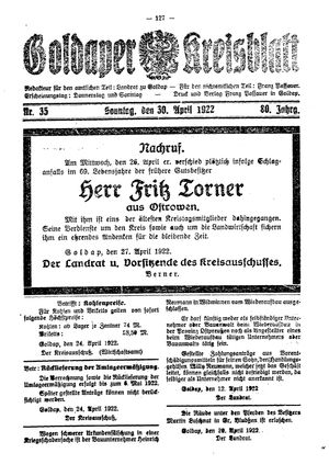 Goldaper Kreisblatt vom 30.04.1922