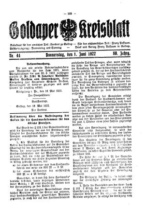 Goldaper Kreisblatt vom 01.06.1922
