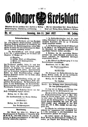 Goldaper Kreisblatt vom 11.06.1922