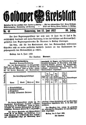 Goldaper Kreisblatt vom 15.06.1922