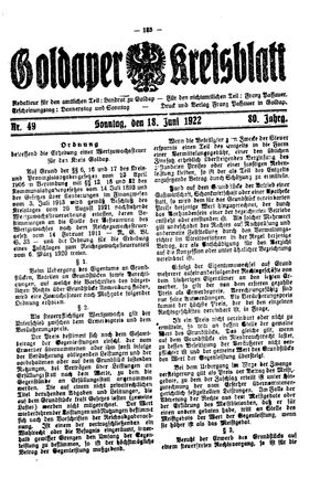 Goldaper Kreisblatt vom 18.06.1922
