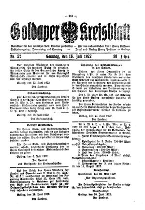 Goldaper Kreisblatt vom 16.07.1922
