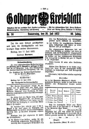 Goldaper Kreisblatt vom 20.07.1922