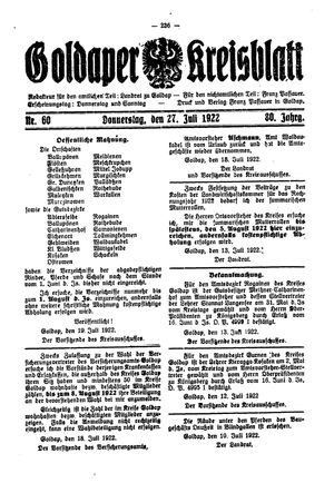 Goldaper Kreisblatt vom 27.07.1922