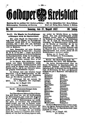 Goldaper Kreisblatt vom 27.08.1922