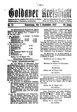 Goldaper Kreisblatt vom 07.09.1922