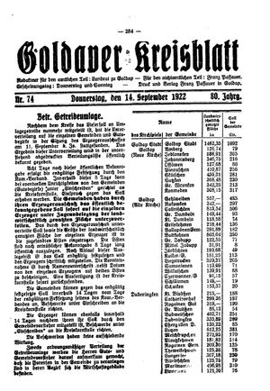 Goldaper Kreisblatt vom 14.09.1922