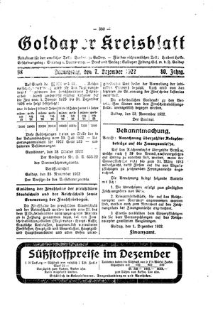 Goldaper Kreisblatt vom 07.12.1922