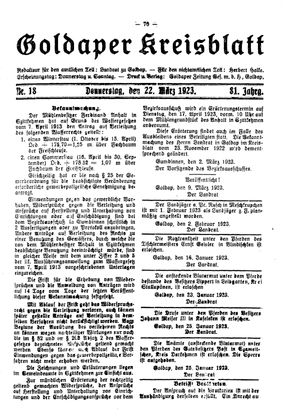 Goldaper Kreisblatt vom 22.03.1923