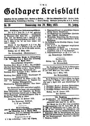Goldaper Kreisblatt vom 29.03.1923