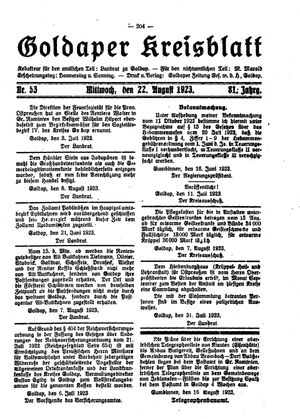 Goldaper Kreisblatt vom 22.08.1923