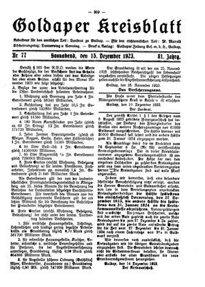 Goldaper Kreisblatt vom 15.12.1923