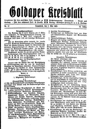 Goldaper Kreisblatt vom 02.05.1925