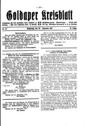 Goldaper Kreisblatt vom 29.09.1927